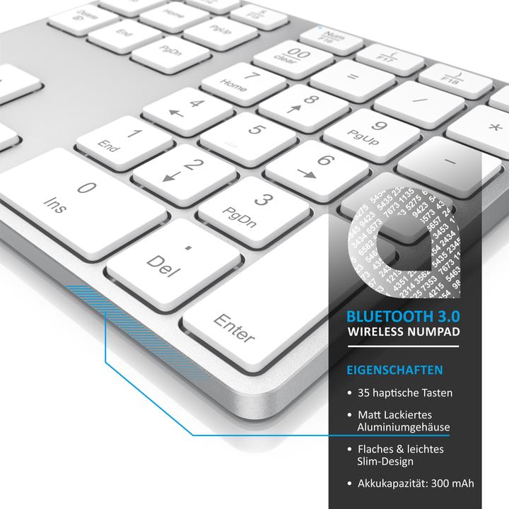 Actual product image Aplic Bluetooth numpad, wireless numeric keypad with multifunction keys, aluminium keypad, 35 keys, BT3.0 (DE, Wireless)