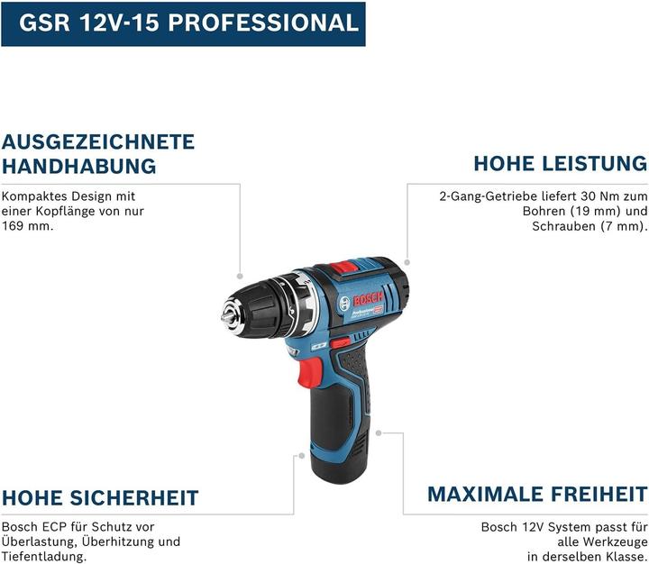 Produktbild Bosch Professional GSR 12V-15, mit 1 x 2.0 Ah, 1 x 4.0 Ah, Zubehör-Set in Tasche