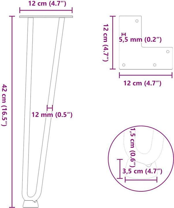 Image du produit vidaXL Pieds en épingle à cheveux 4 pièces Noir 42 cm Pied de table Hairpin en acier massif
