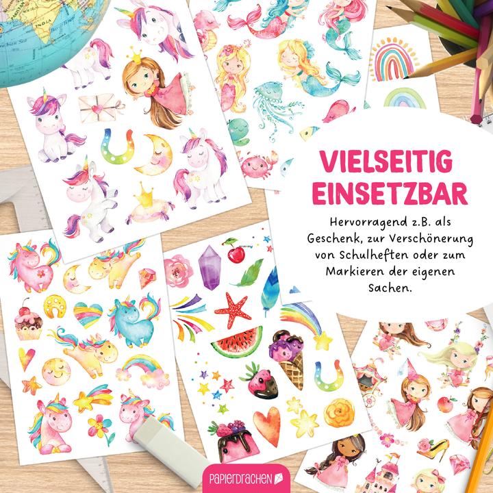 Produktbild Papierdrachen Stickerblock Einhorn, Prinzessin & Meerjungfrau (100 Sticker)