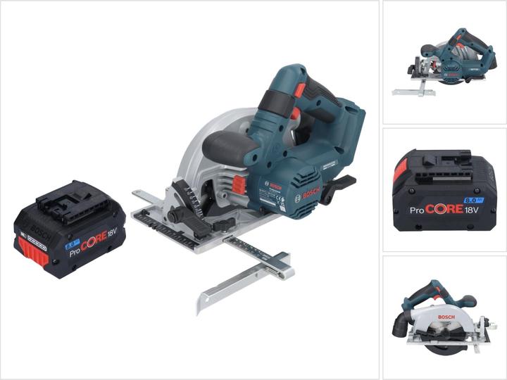 1x Bosch GKS 18V-57-2 Professional cordless portable circular saw, 1x circular saw blade, Standard for Wood, 165 x 1.5, 1.0 x 20 mm, 24 (2 608 837 685), 1x rip fence (2 608 000 817), 1x Bosch GBA ProCORE 18 V 8.0 Ah Professional Li-Ion slide-in battery