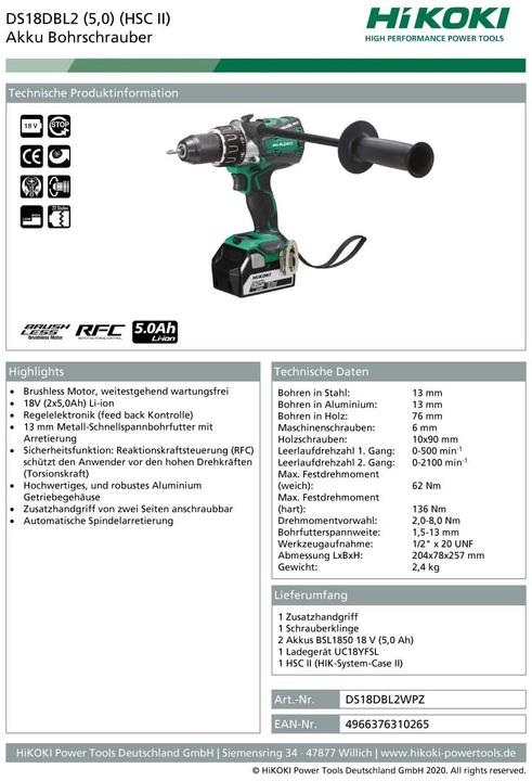 Image du produit Hikoki DS18DBL2