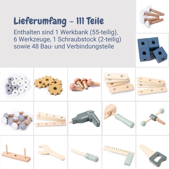 Produktbild Hermex 111-tlg. Werkbank-Set aus Holz für Kinder Spielwerkbank Werkzeugbank
