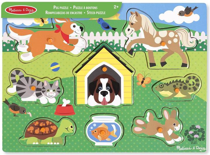 Melissa & Doug Puzzle Bois Bouton Animaux Domestiques (Fr-De-En-Es) (8 pieces)