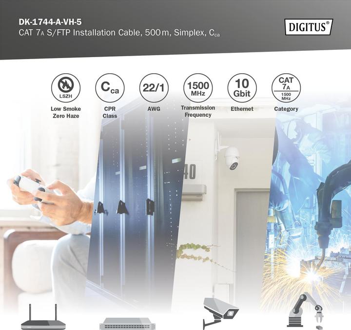 Immagine prodotto Digitus Cavo d'installazione CAT 7A S-FTP, 1500 MHz Cca (EN 50575), AWG 22/1, bobina da 500 m, simplex (S/FTP, CAT7a, 500 m)