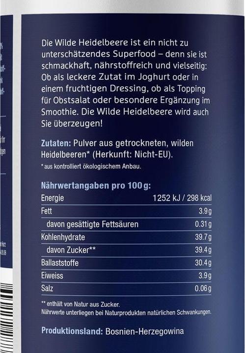 Nährwerte und Zutaten Effective Nature Wilde Heidelbeere Bio (1 Stück, Pulver, 200 g)