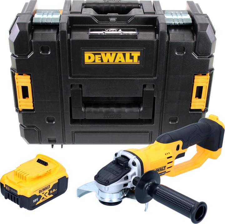 1x DeWalt DCG 412 cordless angle grinder, 1x side handle, 1x protective cover, 1x face spanner, 1x DeWalt DCB 184 18 V 5.0 Ah battery, 1x DeWalt T-STAK, 1x universal insert