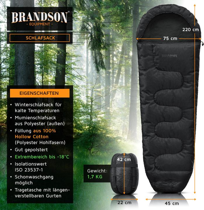 Actual product image Brandson Mumien-Schlafsack, Outdoor, Winterschlafsack bis -18°C, 2 Kordelzüge für Gesicht und Hals, schwarz (220 cm)