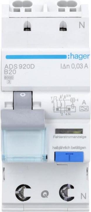Image du produit Hager Interrupteur FI/LS 1P+N 6kA B-20A 30mA ADS920D