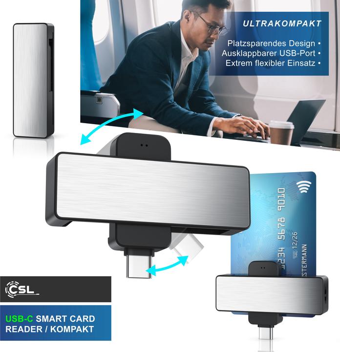 Produktbild CSL Chipkartenleser und Schreiber, USB Typ C Smart Card Reader, ISO 7816, MacOS, Win 10–11, Android (USB-C)