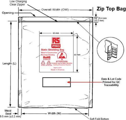 RS PRO ESD-sicherer Beutel, Reissverschluss, H. 75m (100 Pezzo/i)
