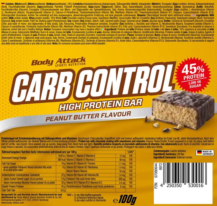 Produktbild Body Attack Carb Control (15x100g Riegel) (Stracciatella, 15 Stk., 1500 g)