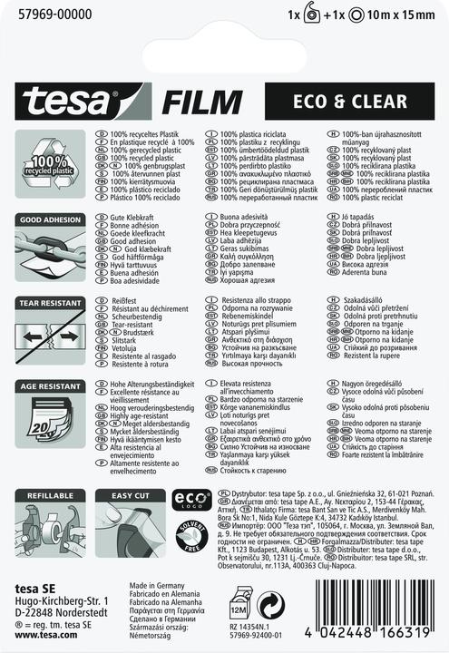 Produktbild tesa tesafilm ECO & CLEAR mit Handabroller, lösungsmittelfrei und alterungsbeständig
