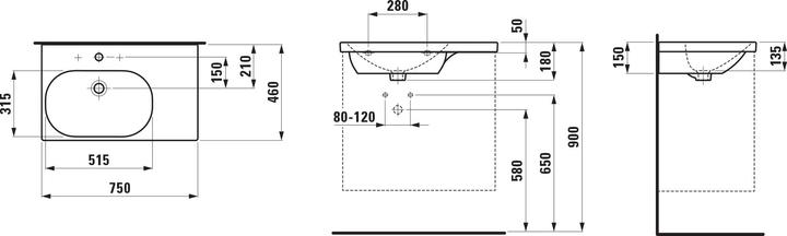 Actual product image Laufen Lua washbasin, 1 tap hole, with overflow, 750x460mm, shelf right, H817086 (160 mm, 750 mm)