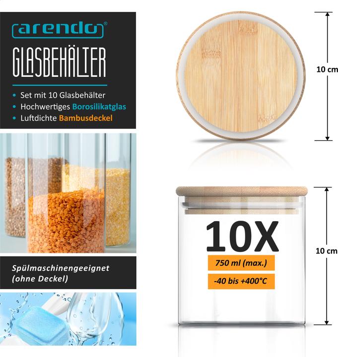 Produktbild Arendo 10x 0,75L Vorratsgläser Glasbehälter 10er Set, Borosilikatglas, Bambusdeckel, Vorratsdosen luftdicht (0.75 l)
