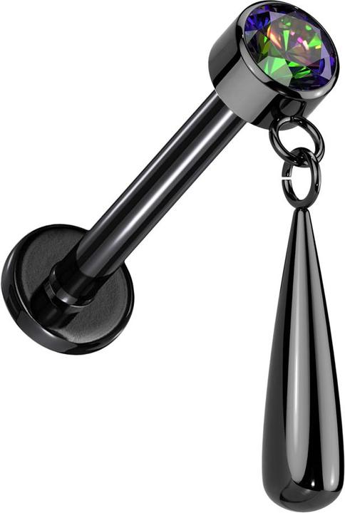 Produktbild Hollywood Body Jewelry Micro Labret Innengewinde schwarz Zylinder schwarz Kristall dunkel multicolor Anhänger Tropfen schwa (Titan G23)