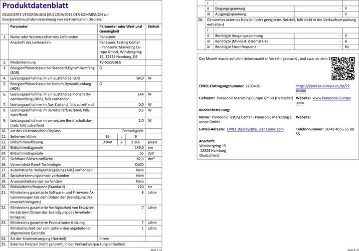 Image du produit Panasonic TV-55Z95BEG Ultra HD HDR MASTER OLED ULT-TV 55 (139 cm) FOS (55", OLED, 4K)