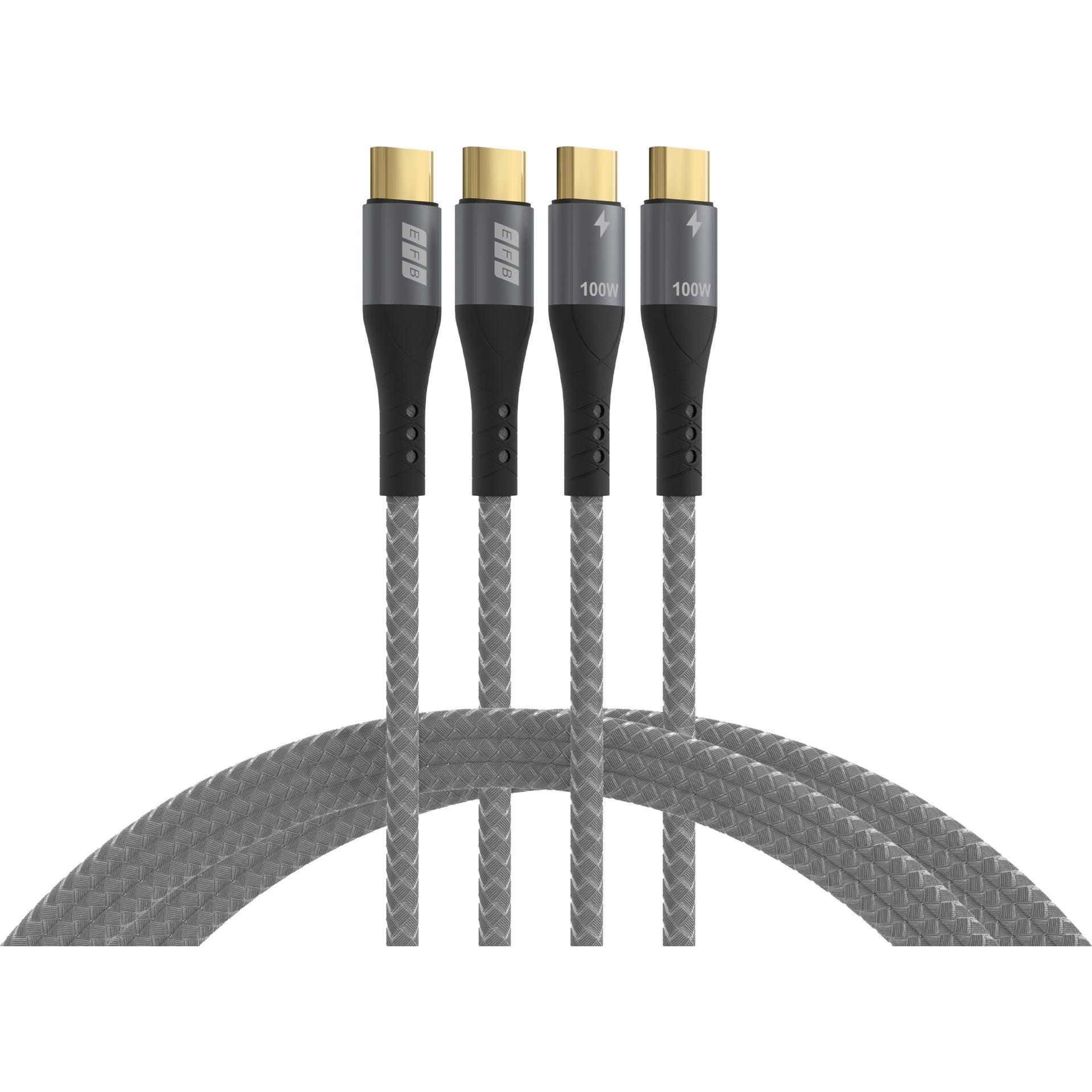 EFB Elektronik EFB USB-C cable set 100W PD 3.0 5A E-Marker Chip 2x2m gray gold contacts textile jacket (2 m, USB 2.0, 100 W), Cavo USB