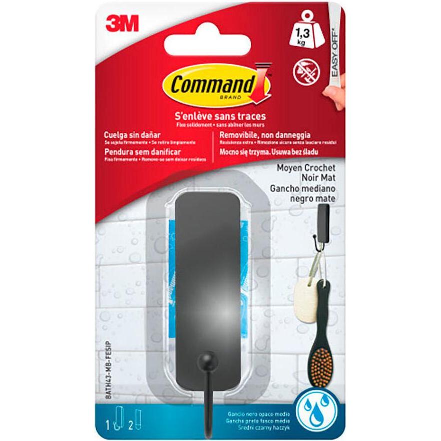 3M, Chiodo adesivo + Gancio adesivo, Command medium hook, matte black, 25 x 35 x 95 mm, 1 unit + 2 strips, max 1.3 kg
