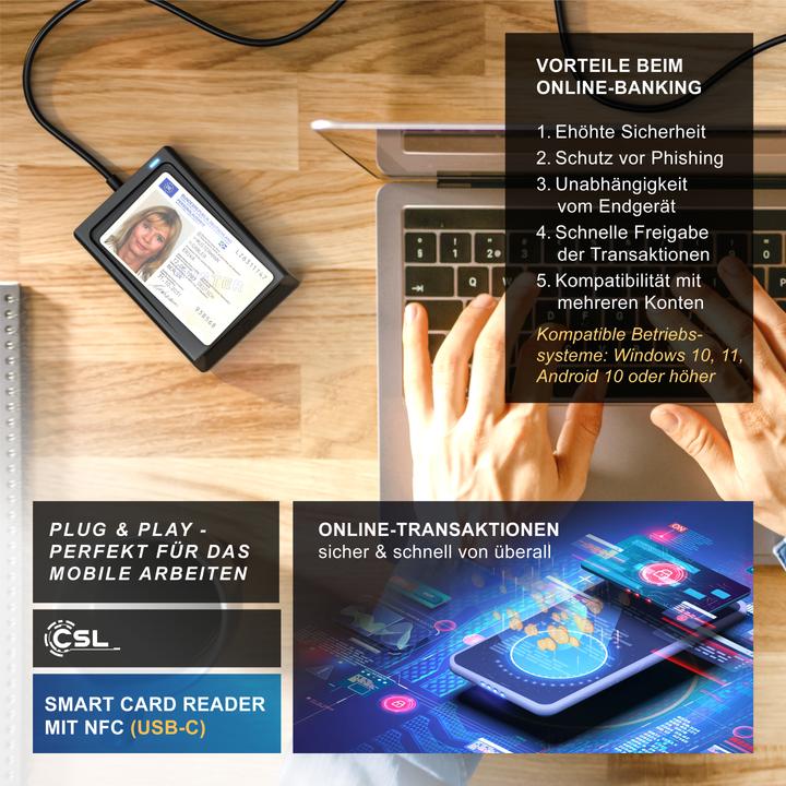 Actual product image CSL Chipkartenleser USB-A Smart Card Reader, NFC, SIM Kartenlesegerät, kompatibel mit Mac OS X, Win 11 (USB)