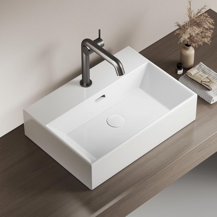 Produktbild Emke Aufsatzwaschbecken Keramik Waschbecken Eckiger Hängewaschbecken Waschtisch, Modernes Design für (365 mm, 515 mm)