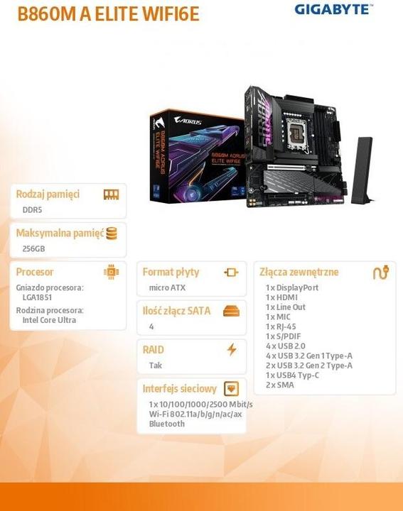 Image du produit Gigabyte B860M AORUS ELITE WIFI6E (LGA 1851, Intel B860, mATX)