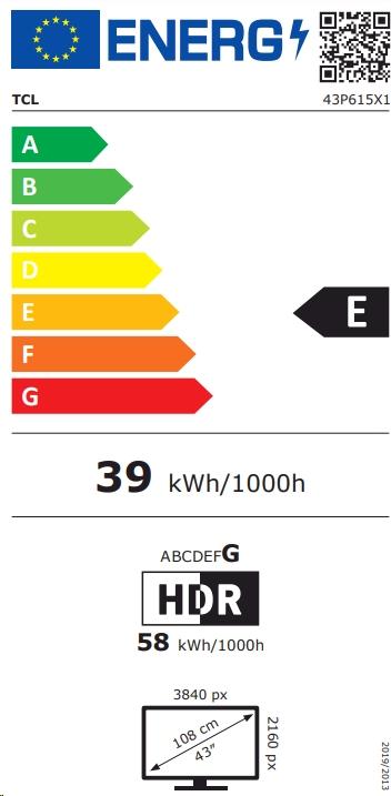 Etichetta energetica TCL 43P615 (43", LCD, 4K, 2020)