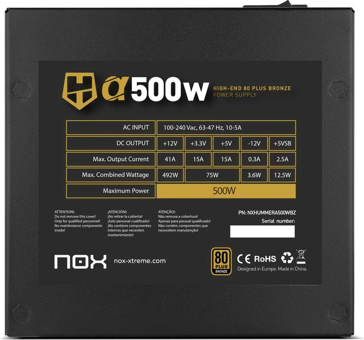 Produktbild Nox Hummer Alpha Netzteil 500 W 24-pin ATX ATX Schwarz (500 W)