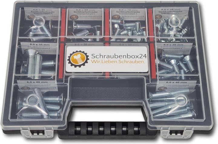 Schraubenbox24 Senkkopfschrauben Sortiment M6-M8 // 10mm-40mm 105 tlg. Schraubenbox (105 Schrauben pro Stück)