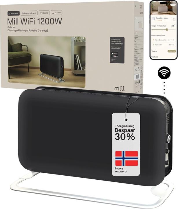 Mill CO1200WIFI3BLACK GEN3 Convection Heater, 1200W, Steel fronts, LED display, Black (1200 W)