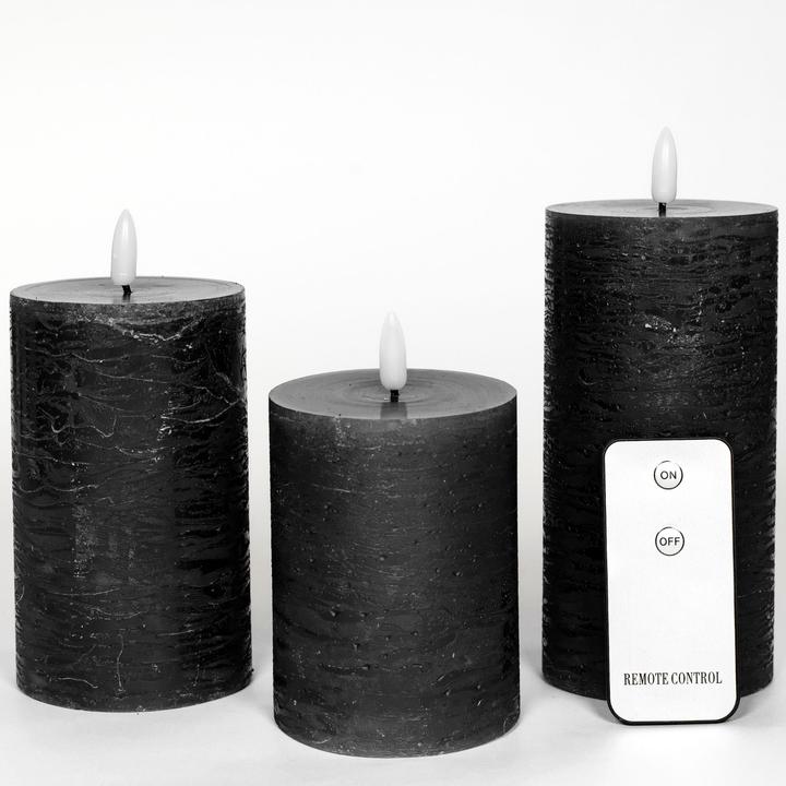Produktbild Novaliv 3er Set Led Kerzen 7,5cm ø Kerze flackernde Flamme mit Fernbedingung SCHWARZ 15 cm + 12,5 cm + 10 cm (3x)