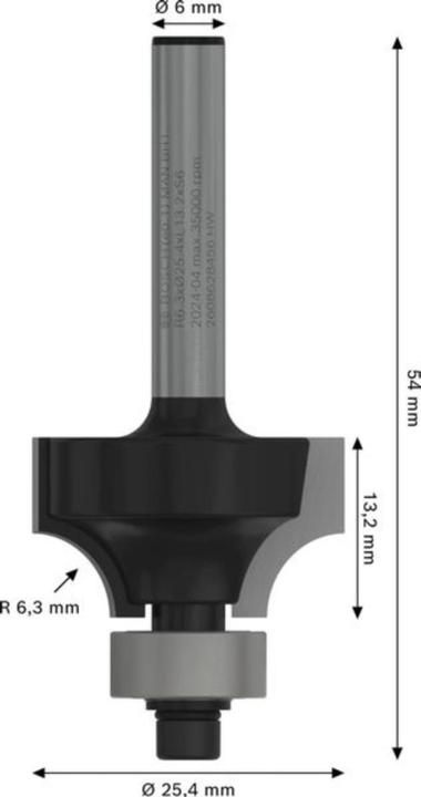 Produktbild Bosch Professional Zubehör Abrundfräser, 6 mm, R1 6,3 mm, D 25,4 mm, L 13,1 mm, G 54 mm