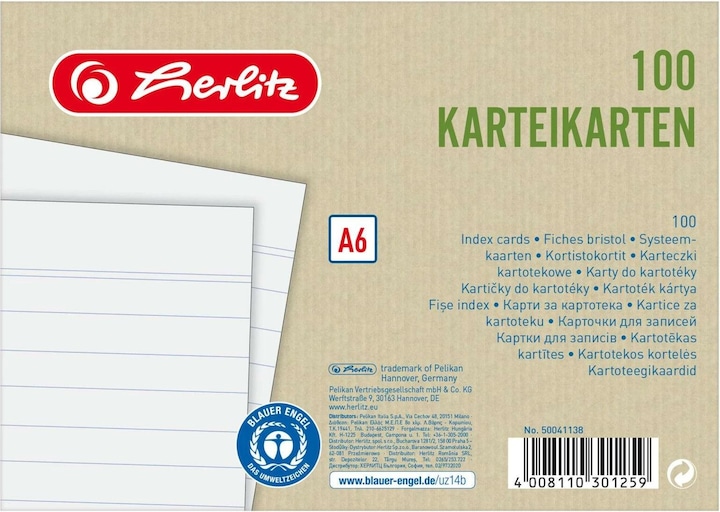 Image du produit Herlitz Fiche lignée Ange Bleu 100 pièces (A6, 180 g/m², 100 x)