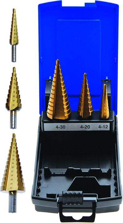 Productafbeelding BGS Stappenboorset | titaan-genitreerd | Ø 4 - 30 mm | 3 st. (10 mm, 11 mm, 12 mm, 14 mm, 16 mm, 18 mm, 20 mm, 22 mm, 24 mm, 26 mm, 28 cm, 30 mm, 4 mm, 5 mm, 7 mm, 8 mm, 9 mm)