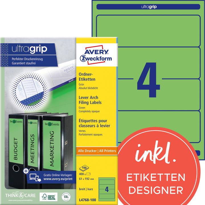 Avery L4768 Grün 61 x 192 mm 400 Stck. (100 Bögen x 4) Urkundenetiketten