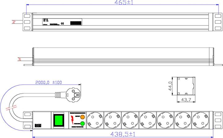 Produktbild Bachmann 19" 1U 7xCEE7/3 bk 1xswitch (7x, CEE 7/3, 2 m)