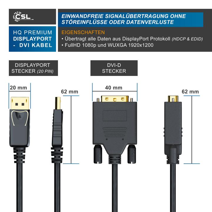 Produktbild CSL DisplayPort Video-Kabel, 20 Pins, DVI-D, Monitorkabel, HDCP und EDID Zertifiziert, FHD Ausflösung (1 m, DisplayPort, DVI)