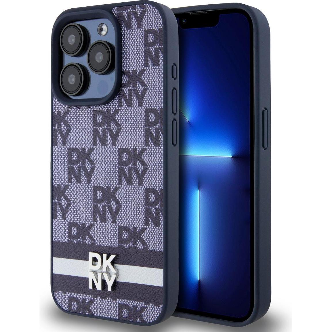 DKNY PU Leather Checkered Pattern and Stripe Case for iPhone 15 Pro Blue (Apple iPhone 15 Pro), Smartphone Hülle, Blau