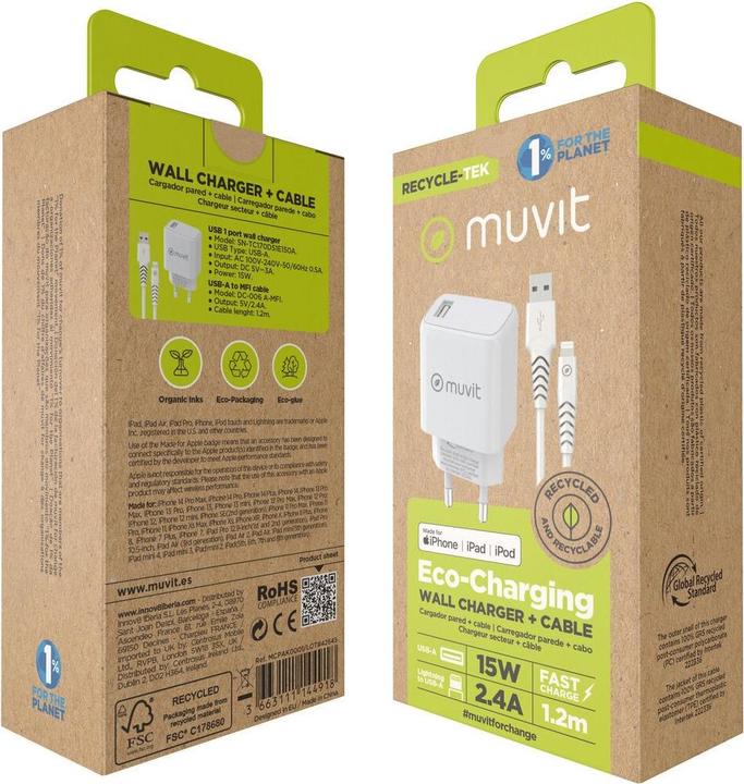 Actual product image Muvit For Change Pack Chargeur Secteur 12w+Cable Lightning 1.2m Blanc (12 W, 1 portion)