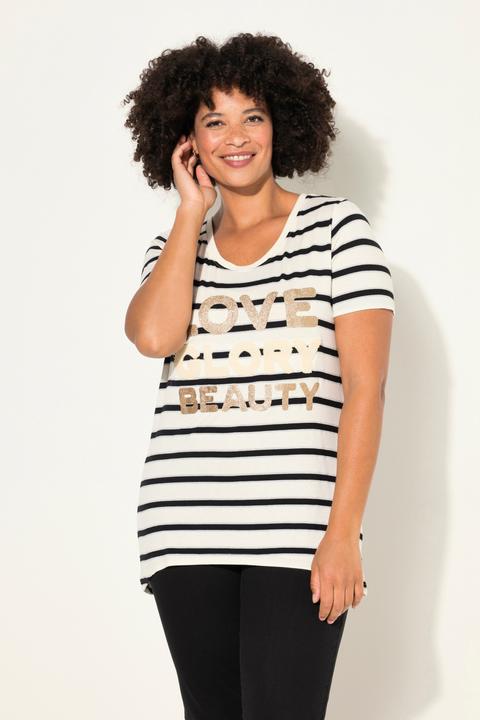 Image du produit Angel of Style T-shirt rayé en jersey côtelé à message imprimé, col rond et manches courtes (46)