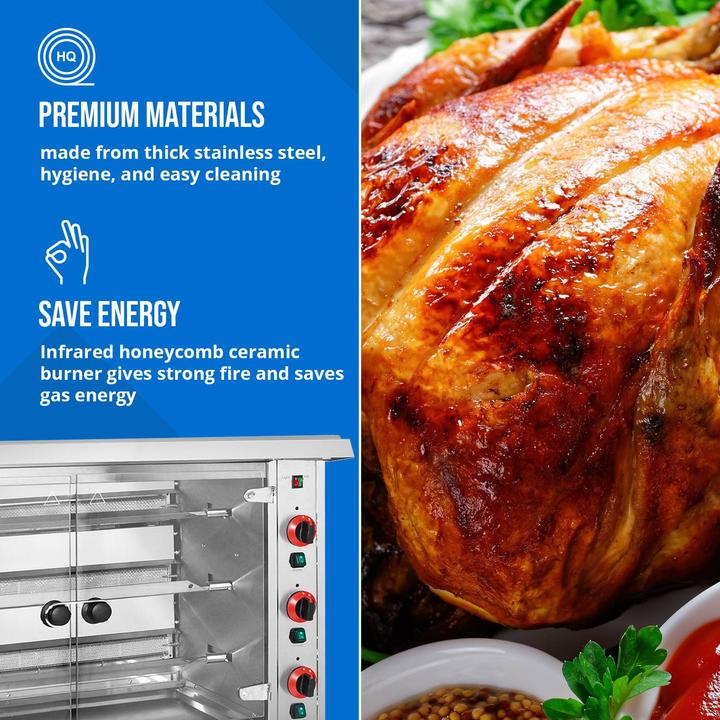 Produktbild Royal Catering Gas-Hähnchengrill 3 Spiesse mit Beleuchtung 3 x 5 kW Edelstahl / gehärtetes Glas (15 kW)