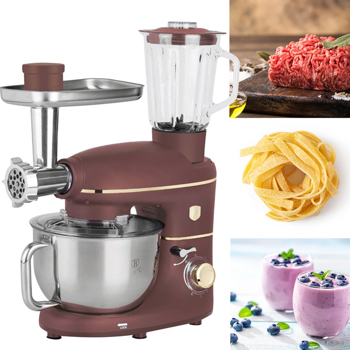 Produktbild BerlingerHaus Küchenmaschine inkl. Flischwolf, Smoothiebehälter & 3 Pasta-Aufsätze, 1500W, bordeaux (1500 W)