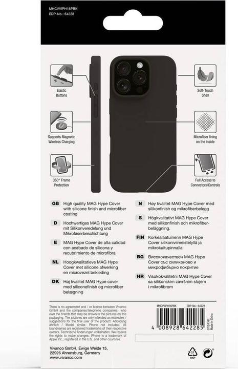 Immagine prodotto Vivanco MAG HYPE Cover per iPhone 16 Pro, nera, supporto MagSafe (Apple iPhone 16 Pro)