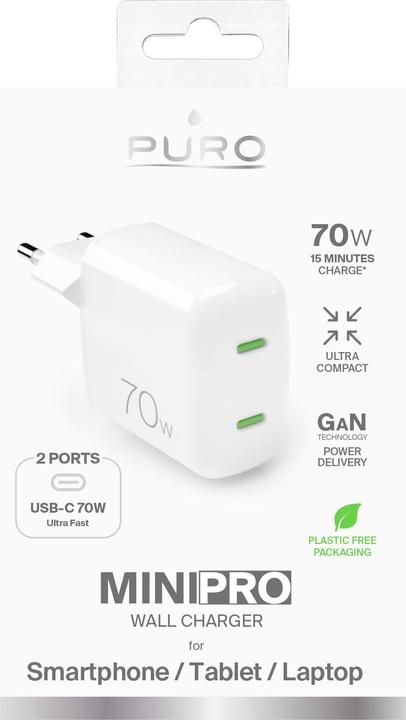 SBS Puro GaN Wall Charger avec 2 ports USB-C, 70W, blanc (70 W, 2 ports)