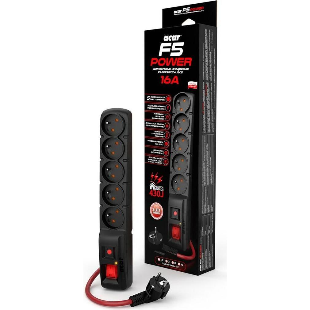 Acar, Ciabatta multipresa, Listwa zasilająca F5 Power 16A (1 5m  czarny) (5 x, CEE 7/16, 1.50 m)