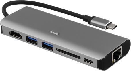 Produktbild Deltaco USBC-1273 - USB-C Docking Station, HDMI, RJ45, USB 3.1, USB-C, SD kaart - aluminium, space grey (USB-A)