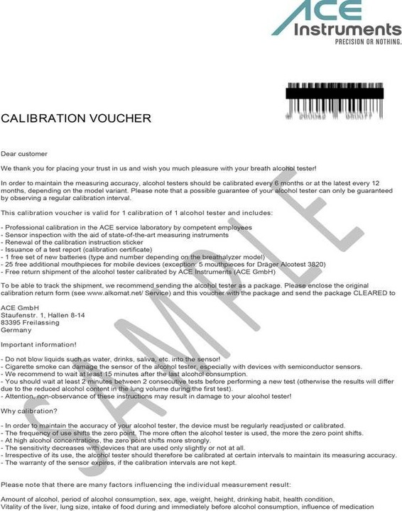 Produktbild Ace 100082 Kalibrier-Gutschein