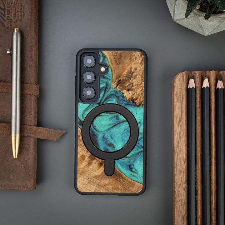 Actual product image Bewood Unique MagSafe Turquoise wood and resin case for Samsung Galaxy A55 5G - turquoise and black (Samsung Galaxy A55)