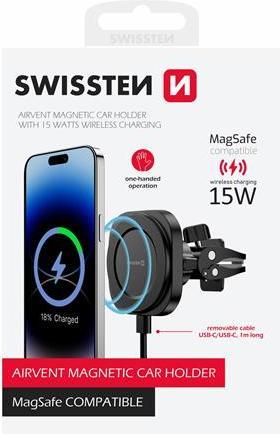 Actual product image Swissten Magstick Compact Magnetic Car Holder With Wireless Charger 15W/7.5W(Magsafe Compatible)