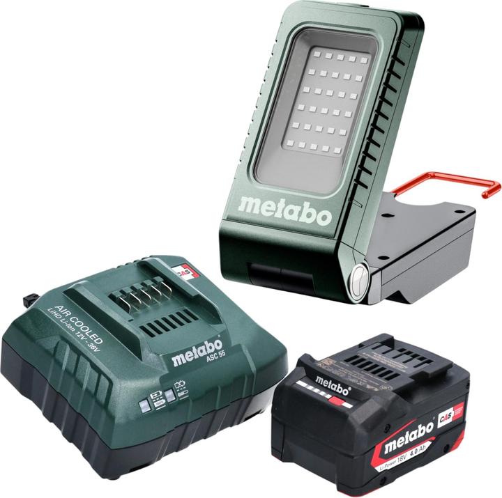 1x Metabo BSA 18-1000 Akku Baustrahler, 1x Metabo Li-Power Akkupack 18 V 4,0 Ah CAS Akku, 1x Metabo ASC 55 Ladegerät